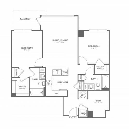 Two Bedroom Two Bath With Den (1,103 SF)
