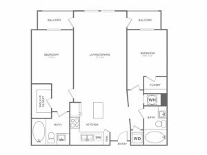 B6 | 2 Bedroom 2 Bathroom Floor Plan | 1224 Square Feet