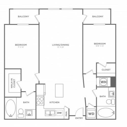 B6 | 2 Bedroom 2 Bathroom Floor Plan | 1224 Square Feet