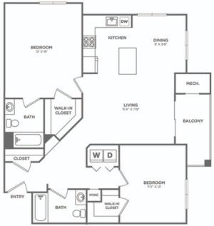 Two Bedroom Two Bath (1080 SF)