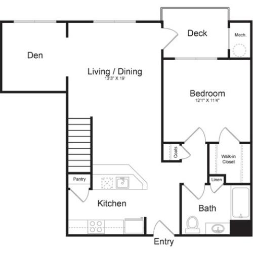 One Bedroom One Bath with Loft and Den (1087 SF) | First Floor