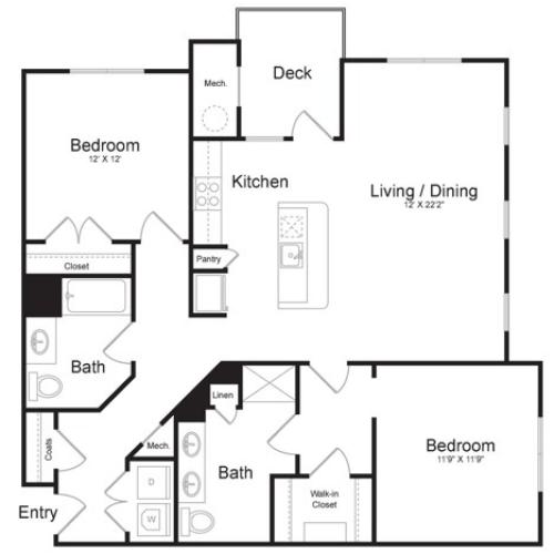 Two Bedroom Two Bath (1257 SF)