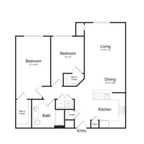 Two Bedroom One Bath (964 SF)