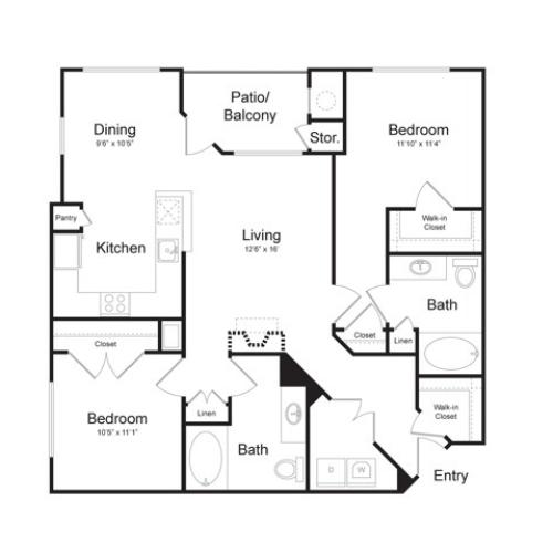 Two Bedroom Two Bath (1132 SF)