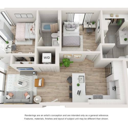 The Waldorf 2 Bed 2 Bath 698 square foot floor plan image
