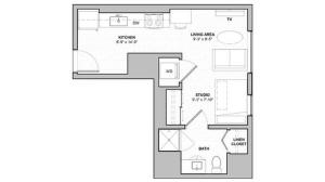 The studio classic floorplan ranges from 424 - 537 sq. ft.