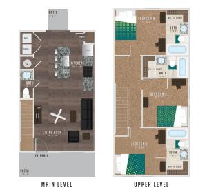 The 3 bedroom 3.5 bathroom floorplan is 1343 sq. ft.
