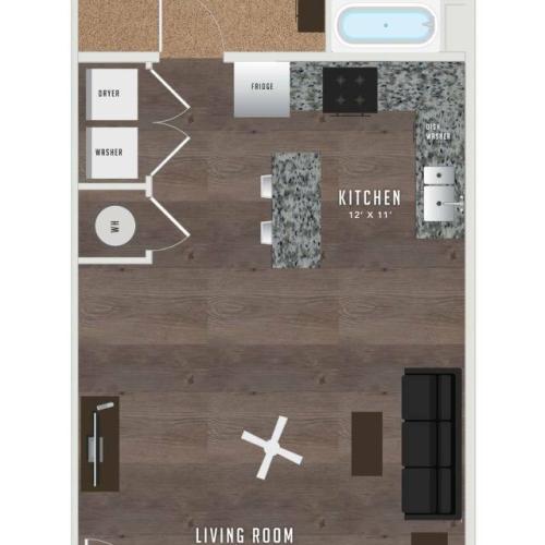 The 1 bedroom 1 bathroom floorplan is 697 sq. ft.
