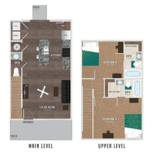 The 2 bedroom 2.5 bathroom floorplan is 1118 sq. ft.