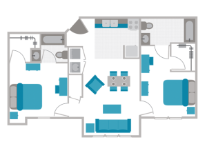 The 2 bedroom 2 bathroom floorplan is 954 sq. ft.