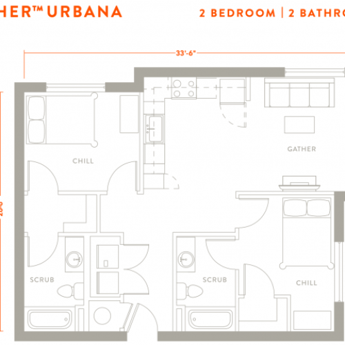 The 2 bed, 2 bath deluxe floorplan is 849 sq. ft.