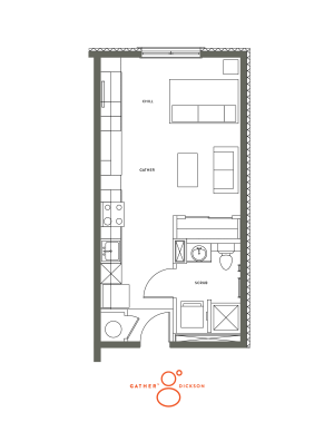 The studio floorplan is 445 sq. ft.