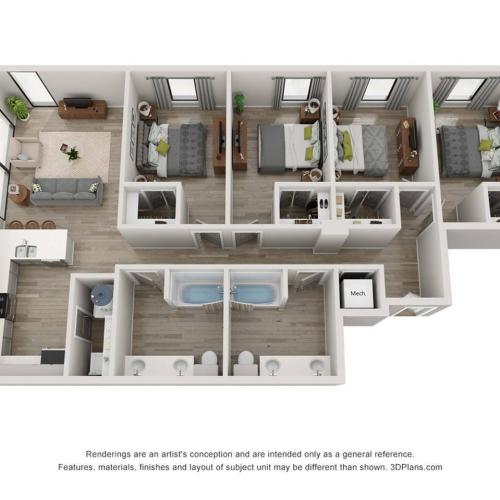 The 4 bedroom, 2 bathroom A floorplan is 1308 sq. ft.