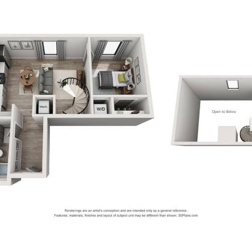 The 2 bedroom, 1 bathroom loft floorplan is 700 sq. ft.