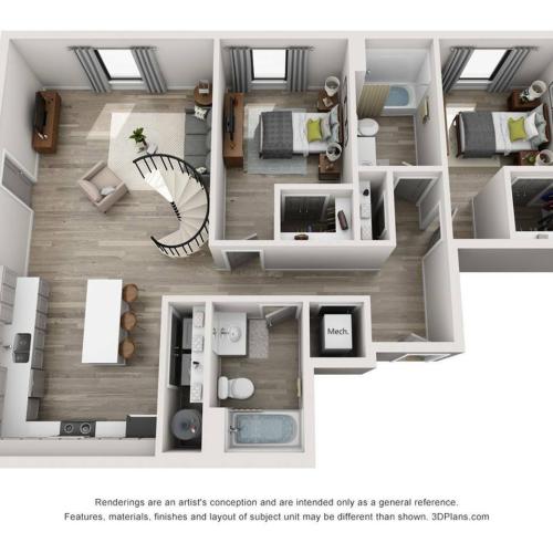 The 3 bedroom, 2 bathroom loft floorplan is 1206 sq. ft.