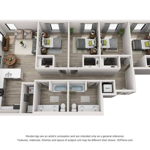 The 4 bedroom, 2 bathroom D floorplan is 1440 sq. ft.