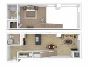1 bed, 1.5 bath townhome floorplan is 670 sq. ft.