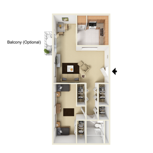 The 1 bedroom 1 bathroom classic floorplan is 740 sq. ft.