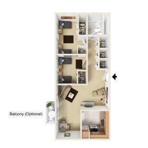 The 2 bedroom 1 bathroom floorplan is 960 sq. ft.
