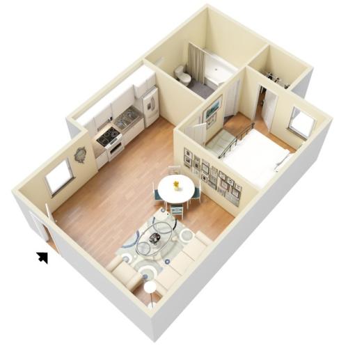 1 bed, 1 bath floorplan is 681 sq. ft.