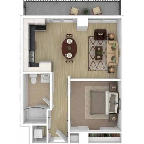 1 bed, 1 bath penthouse floorplan ranges from 505 to 540 sq. ft.