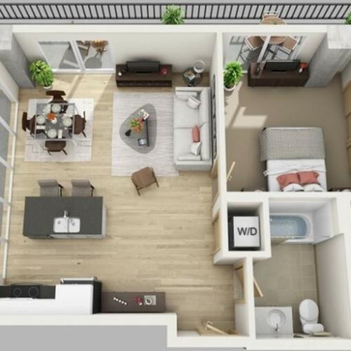 1 bed, 1 bath penthouse floorplan ranges from 725 to 740 sq. ft.