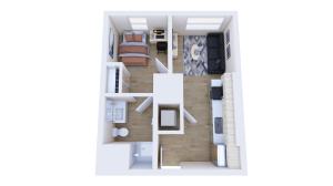 The 1 bedroom, 1 bathroom floorplan is 464 sq. ft.
