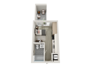Studio floorplan with a bed, desk, kitchen, bathroom, outdoor patio, closet, and washer dryer.