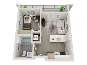 1 bedroom floorplan with a bed, desk, kitchen, bathroom, outdoor patio, closet, and washer dryer.