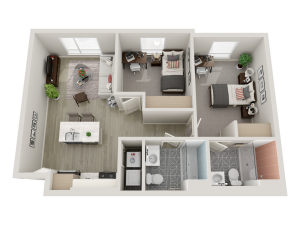 2 bedroom floorplan with beds, desks, closets, kitchen and island, 2 bathrooms, and washer dryer.