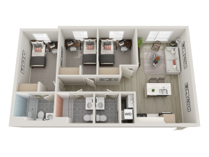 3-bedroom floorplan with beds, desks, closets, kitchen and island, 3 bathrooms, and washer dryer.