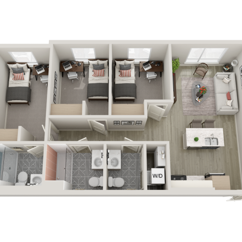 3-bedroom floorplan with beds, desks, closets, kitchen and island, 3 bathrooms, and washer dryer.