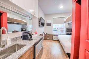 modern style micro-unit apartment, kitchenette, tv, bed and lofted bed.