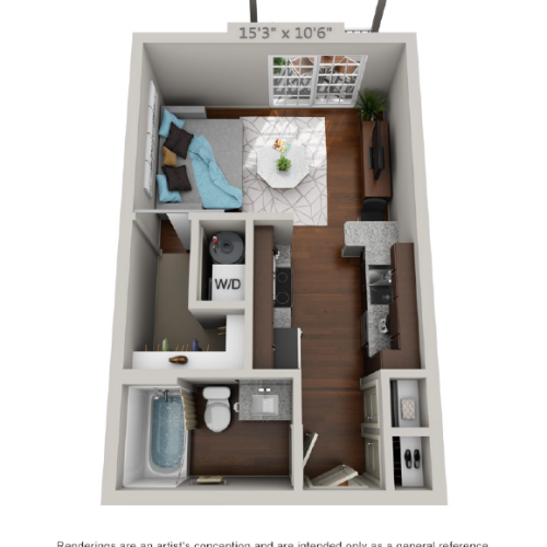 studio a 3d floor plans with furniture and hardwood floors