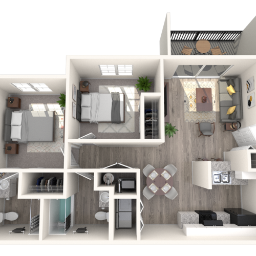 2 bedroom and 2 bathroom 3d model of the floor plan