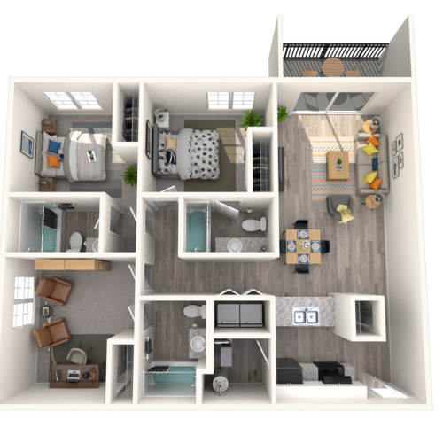 2 bedroom with a study 3d model viewed from above