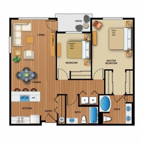 3D Image | 2 Bedroom Floor Plan | Outlook at Pilot Butte Apartments | Bend Oregon Apartments