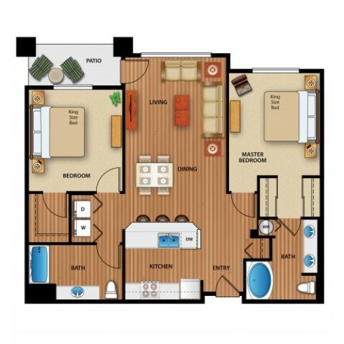 3D Image | 2 Bdrm Floor Plan | Outlook at Pilot Butte Apartments | Apartments For Rent Bend Oregon