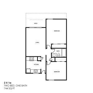 2x1a Two bedroom 1- bath floor plan - 744 total sq. ft.
