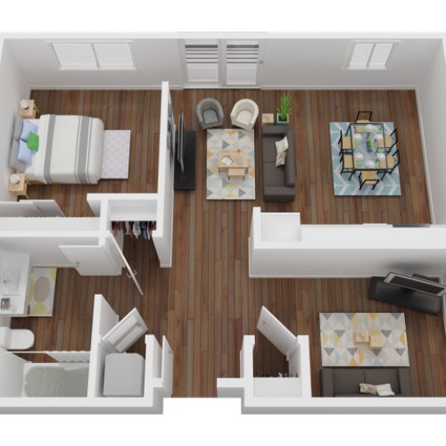 576 sq. ft.  one-bedroom, one-bathroom with additional den floorplan