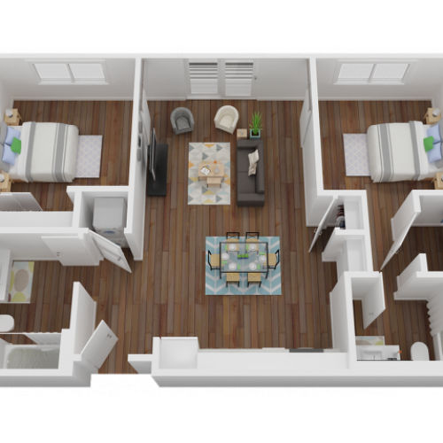 864 sq. ft. two-bedroom, two-bathroom floorplan
