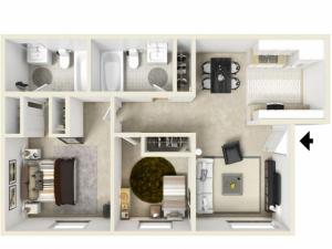 The Meadows Oak Floor Plan, 2 Bed 2 Bath Apartment