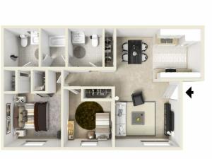 The Meadows Willow Floor Plan, 2 Bed 1.5 Bath Apartment