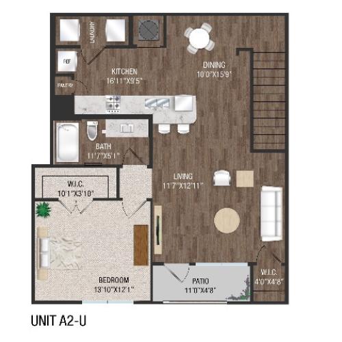 1 Bedroom 1 Bath, 2nd Floor - A2U