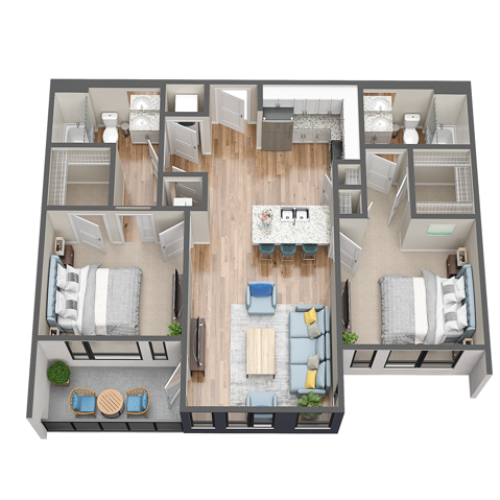 Overhead view of 2 bedroom 2 bath Monet floor plan