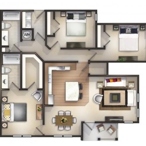 3d rendering of 3 bedroom 2 bath apartment home.