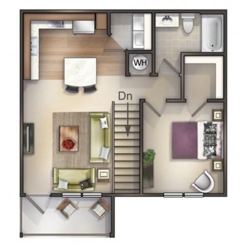 3d rendering of a 1 bedroom 1 bath apartment home.