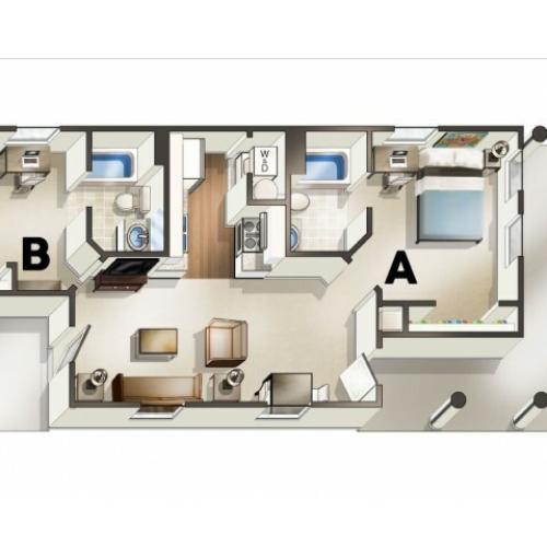 B1 Floor Plan | 2 Bedroom Floor Plan | The Quarters | Student Housing In Lafayette LA