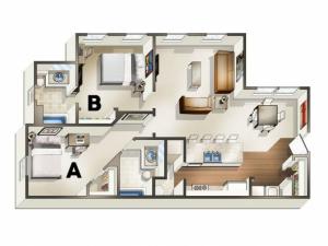 B2 Floor Plan | 2 Bdrm Floor Plan | The Quarters | Apartments Near University Of Louisiana At Lafayette
