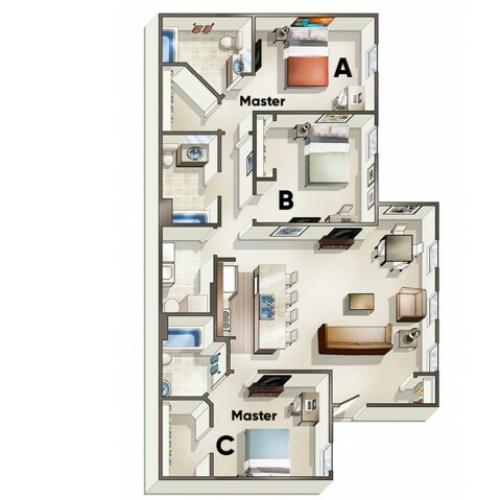 C2 Floor Plan | 3 Bdrm Floor Plan | The Quarters | Lafayette University Apartments for Rent